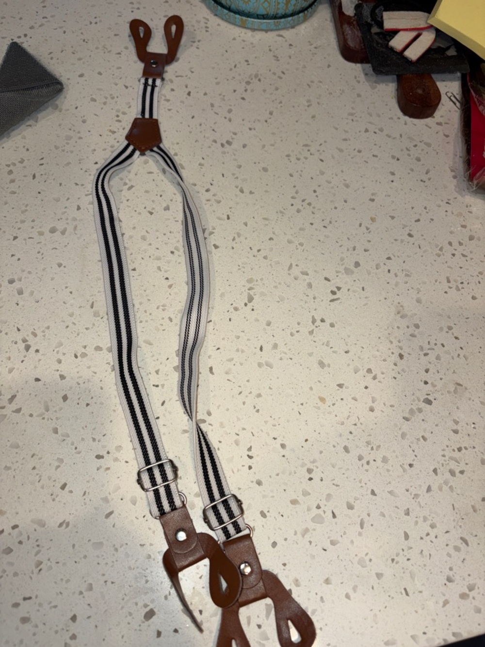 Men's Black & White Striped Leather-Trim Suspenders